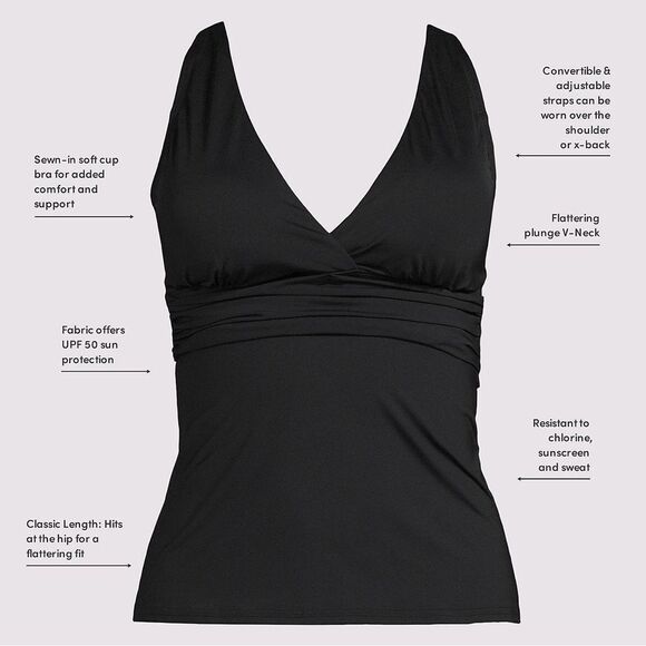 Lands' End plunge multi floral X back tankini top navy floral navy White Med DD - Picture 7 of 8